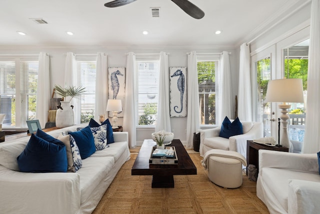 300 Cassine Garden Cir, Santa Rosa Beach, FL 32459 - living area featuring ornamental molding and a ceiling fan