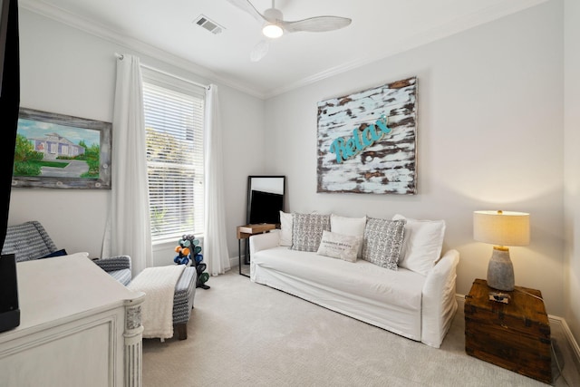 300 Cassine Garden Cir, Santa Rosa Beach, FL 32459 - living area featuring light carpet, crown molding, and ceiling fan