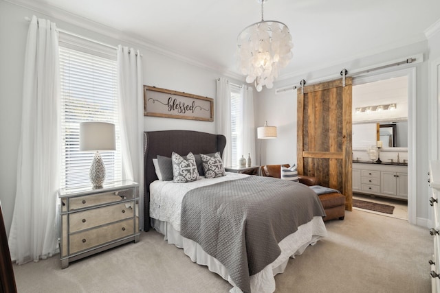 300 Cassine Garden Cir, Santa Rosa Beach, FL 32459 - bedroom with ornamental molding, a chandelier, a barn door, light colored carpet, and ensuite bath