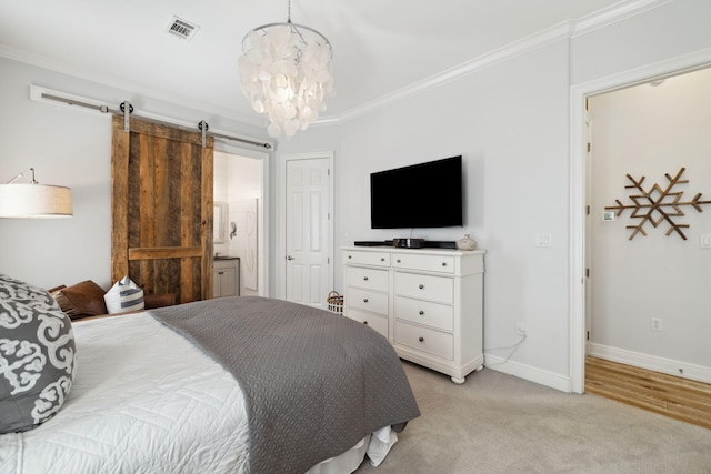 300 Cassine Garden Cir, Santa Rosa Beach, FL 32459 - bedroom featuring crown molding, a barn door, a chandelier, connected bathroom, and light carpet