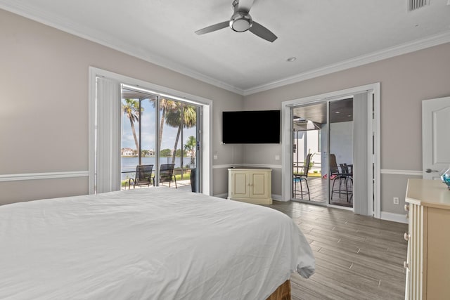 72 Tranquility Ln, Destin, FL 32541 - bedroom featuring access to exterior, ornamental molding, light wood finished floors, baseboards, and ceiling fan