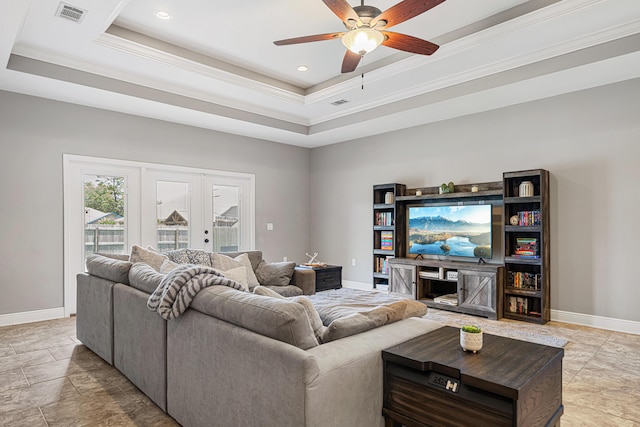 801 Playground Rd, Fort Walton Beach, FL 32547 - living room featuring baseboards, ceiling fan, a tray ceiling, crown molding, and french doors