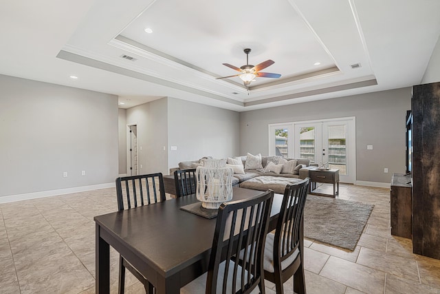 801 Playground Rd, Fort Walton Beach, FL 32547 - dining room with a raised ceiling, ceiling fan, recessed lighting, french doors, and baseboards