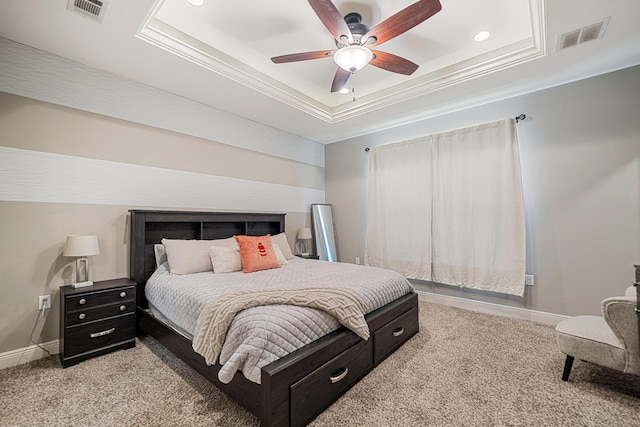 801 Playground Rd, Fort Walton Beach, FL 32547 - carpeted bedroom featuring a tray ceiling, baseboards, recessed lighting, a ceiling fan, and ornamental molding