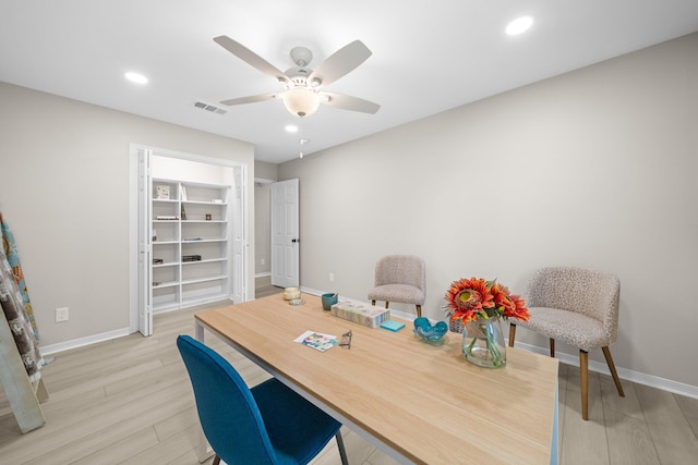 112 Meigs Dr, Shalimar, FL 32579 - home office featuring light wood-type flooring, baseboards, ceiling fan, and recessed lighting