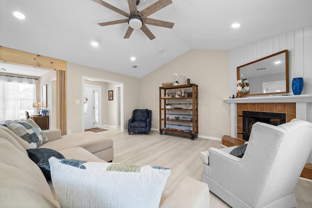 112 Meigs Dr, Shalimar, FL 32579 - living area featuring ceiling fan, wood finished floors, lofted ceiling, a fireplace, and recessed lighting