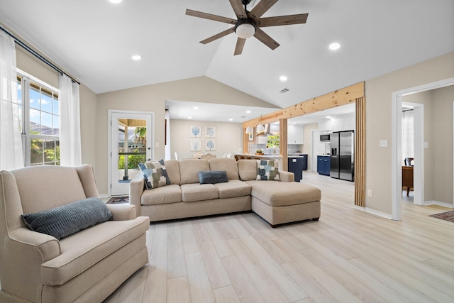112 Meigs Dr, Shalimar, FL 32579 - living area with light wood-style flooring, a ceiling fan, vaulted ceiling, recessed lighting, and baseboards