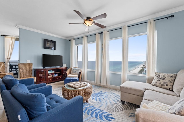 16819 Front Beach Rd Unit 2300, Panama City Beach, FL 32413 - living room with crown molding, healthy amount of natural light, and ceiling fan