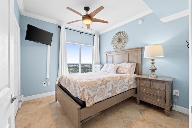 16819 Front Beach Rd Unit 2300, Panama City Beach, FL 32413 - bedroom featuring ornamental molding, baseboards, a ceiling fan, and light tile patterned floors
