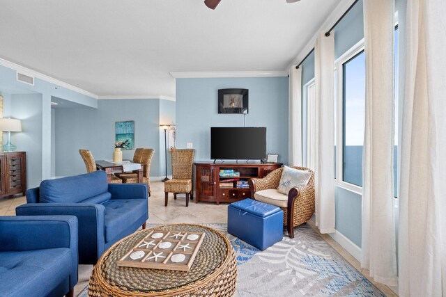 16819 Front Beach Rd Unit 2300, Panama City Beach, FL 32413 - living room featuring crown molding, a ceiling fan, baseboards, and light tile patterned floors
