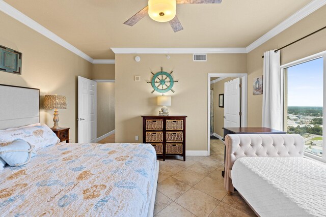 16819 Front Beach Rd Unit 2300, Panama City Beach, FL 32413 - bedroom featuring ornamental molding, light tile patterned floors, baseboards, and ceiling fan