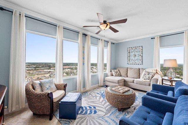 16819 Front Beach Rd Unit 2300, Panama City Beach, FL 32413 - living room with crown molding and a ceiling fan