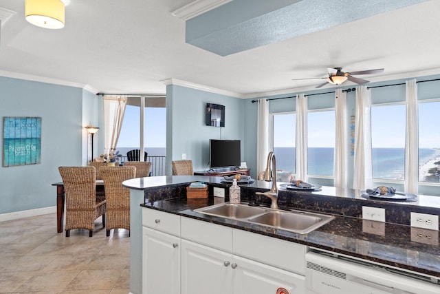 16819 Front Beach Rd Unit 2300, Panama City Beach, FL 32413 - kitchen featuring a sink, dishwasher, crown molding, a ceiling fan, and white cabinetry