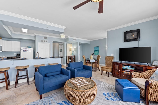 16819 Front Beach Rd Unit 2300, Panama City Beach, FL 32413 - living area with crown molding, light tile patterned floors, a ceiling fan, and baseboards