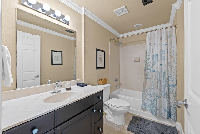 16819 Front Beach Rd Unit 2300, Panama City Beach, FL 32413 - full bathroom featuring ornamental molding, vanity, toilet, shower / tub combo with curtain, and tile patterned flooring