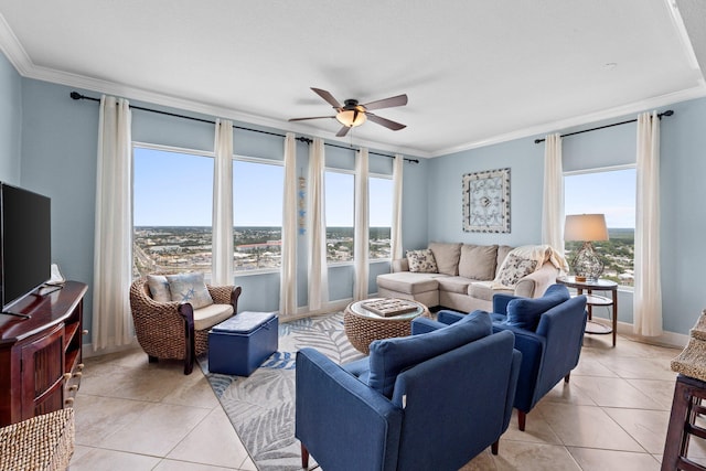 16819 Front Beach Rd Unit 2300, Panama City Beach, FL 32413 - living room with crown molding, a ceiling fan, and light tile patterned floors