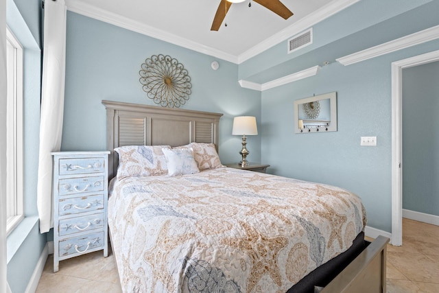 16819 Front Beach Rd Unit 2300, Panama City Beach, FL 32413 - bedroom featuring ornamental molding, light tile patterned floors, baseboards, and a ceiling fan