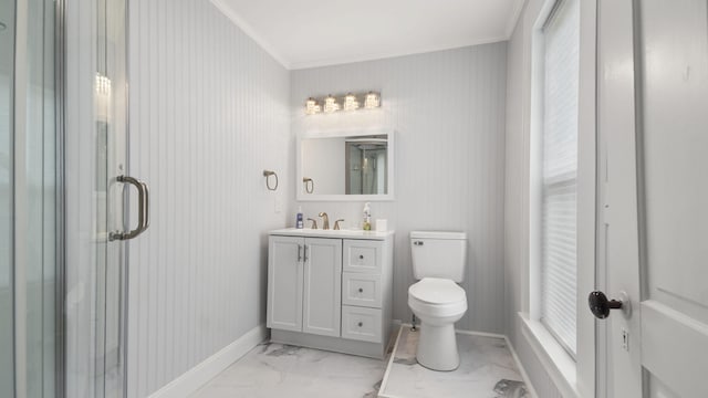 119 E Live Oak Ave, Defuniak Springs, FL 32435 - bathroom featuring marble finish flooring, toilet, vanity, ornamental molding, and baseboards
