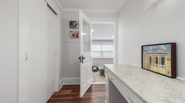 119 E Live Oak Ave, Defuniak Springs, FL 32435 - hallway featuring crown molding, dark wood-style floors, and baseboards
