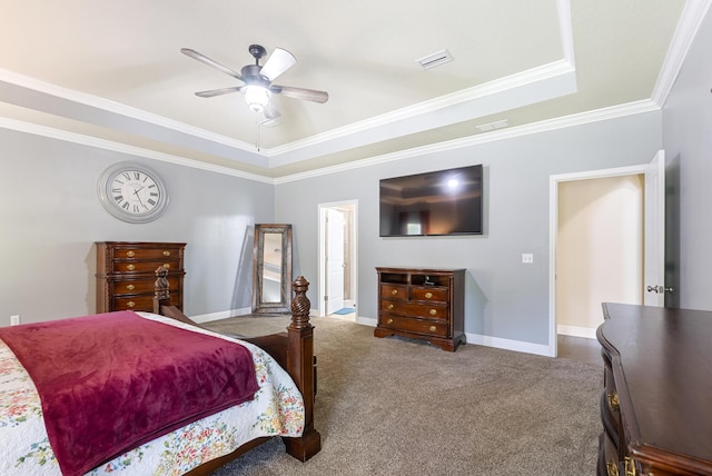 170 Windchime Way, Freeport, FL 32439 - bedroom with carpet flooring, a tray ceiling, baseboards, ornamental molding, and ceiling fan