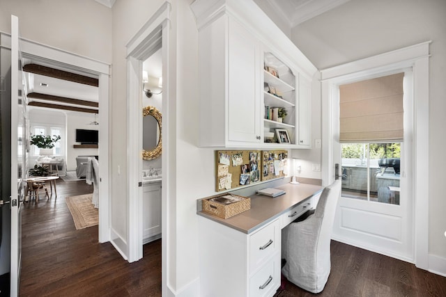 667 E Royal Fern Way, Santa Rosa Beach, FL 32459 - office featuring built in desk, dark wood-type flooring, and ornamental molding
