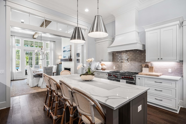 667 E Royal Fern Way, Santa Rosa Beach, FL 32459 - kitchen with stainless steel range, custom exhaust hood, crown molding, light stone countertops, and white cabinets