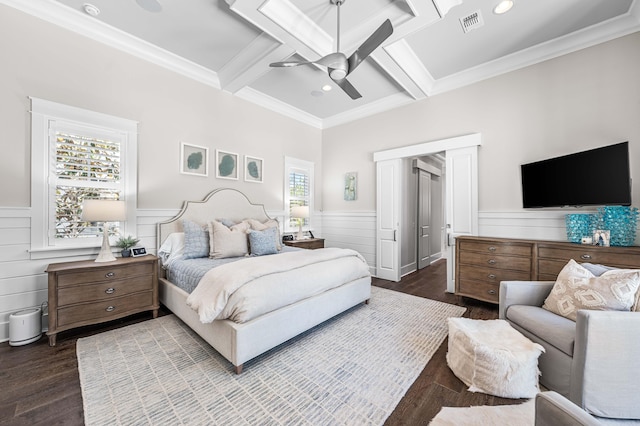 667 E Royal Fern Way, Santa Rosa Beach, FL 32459 - bedroom featuring wainscoting, dark wood-style flooring, coffered ceiling, crown molding, and beam ceiling