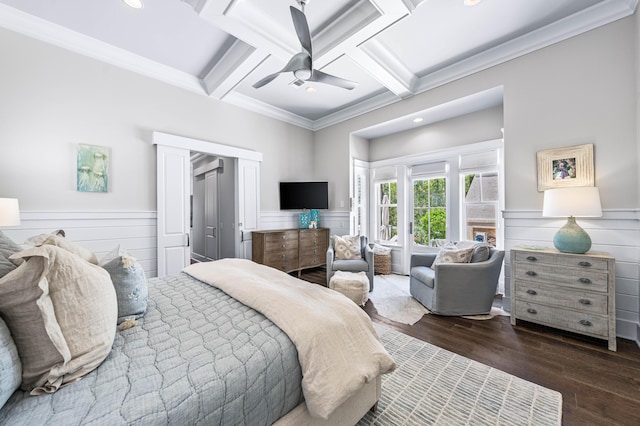 667 E Royal Fern Way, Santa Rosa Beach, FL 32459 - bedroom featuring coffered ceiling, wainscoting, beam ceiling, ornamental molding, and wood finished floors