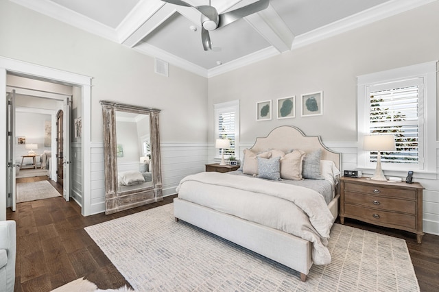667 E Royal Fern Way, Santa Rosa Beach, FL 32459 - bedroom featuring a wainscoted wall, dark wood-style floors, beam ceiling, crown molding, and ceiling fan