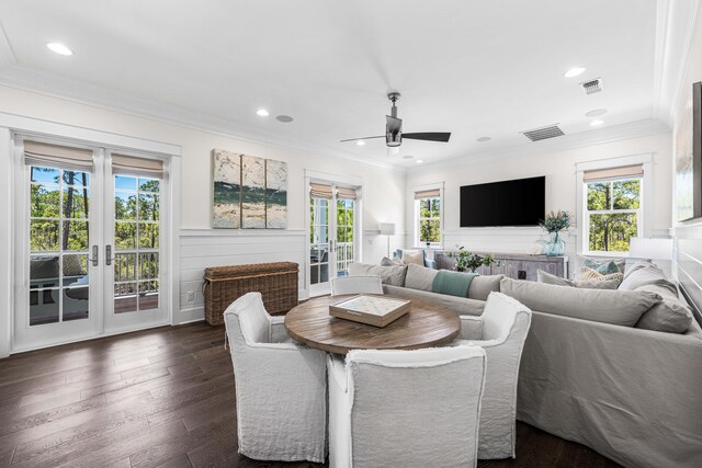 667 E Royal Fern Way, Santa Rosa Beach, FL 32459 - living area with ornamental molding, healthy amount of natural light, dark wood-type flooring, a ceiling fan, and recessed lighting