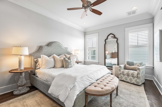667 E Royal Fern Way, Santa Rosa Beach, FL 32459 - bedroom featuring hardwood / wood-style flooring, ornamental molding, baseboards, recessed lighting, and a ceiling fan