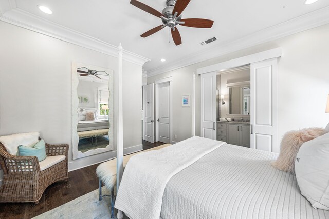 667 E Royal Fern Way, Santa Rosa Beach, FL 32459 - bedroom with ornamental molding, wood finished floors, recessed lighting, a ceiling fan, and ensuite bath