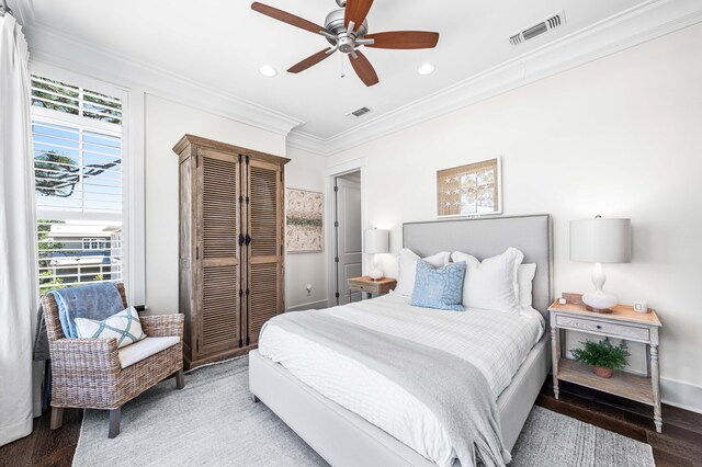 667 E Royal Fern Way, Santa Rosa Beach, FL 32459 - bedroom with ornamental molding, a closet, recessed lighting, wood finished floors, and ceiling fan