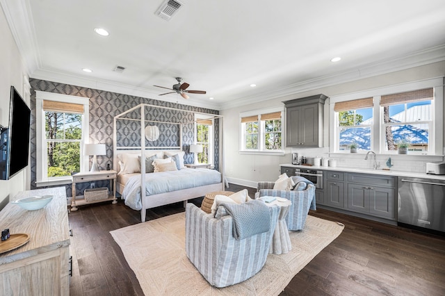 667 E Royal Fern Way, Santa Rosa Beach, FL 32459 - bedroom with ornamental molding, a sink, dark wood-type flooring, baseboards, and recessed lighting