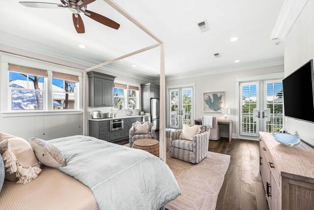 667 E Royal Fern Way, Santa Rosa Beach, FL 32459 - bedroom featuring french doors, access to outside, dark wood-type flooring, crown molding, and recessed lighting