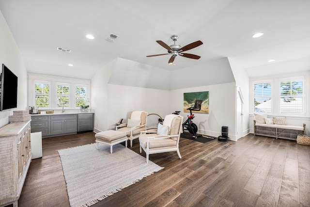 667 E Royal Fern Way, Santa Rosa Beach, FL 32459 - living area with dark wood-style flooring, a ceiling fan, recessed lighting, and baseboards