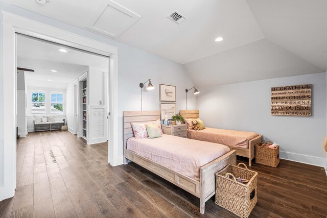 667 E Royal Fern Way, Santa Rosa Beach, FL 32459 - bedroom featuring attic access, wood finished floors, baseboards, recessed lighting, and lofted ceiling