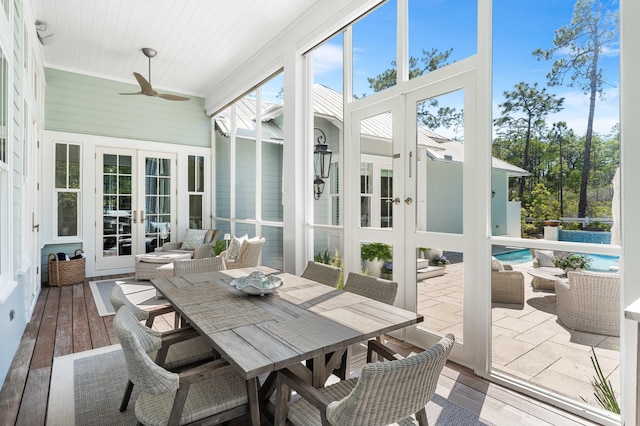 667 E Royal Fern Way, Santa Rosa Beach, FL 32459 - sunroom with french doors, ceiling fan, and outdoor dining space
