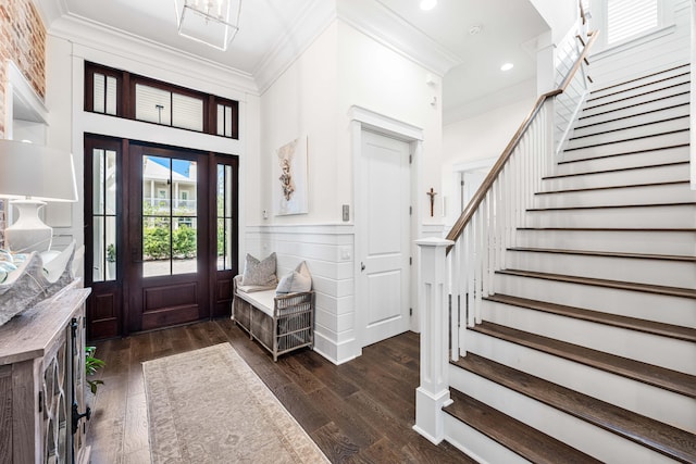 667 E Royal Fern Way, Santa Rosa Beach, FL 32459 - foyer with ornamental molding, stairs, dark wood-style flooring, recessed lighting, and a wainscoted wall