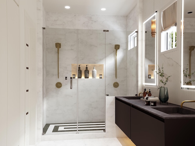 55 Grande Pointe Dr, Inlet Beach, FL 32461 - full bathroom with a shower stall, double vanity, and recessed lighting