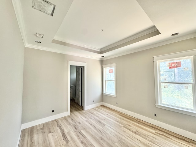 298 S 2nd St, Santa Rosa Beach, FL 32459 - spare room with a raised ceiling, ornamental molding, light wood-style flooring, and baseboards