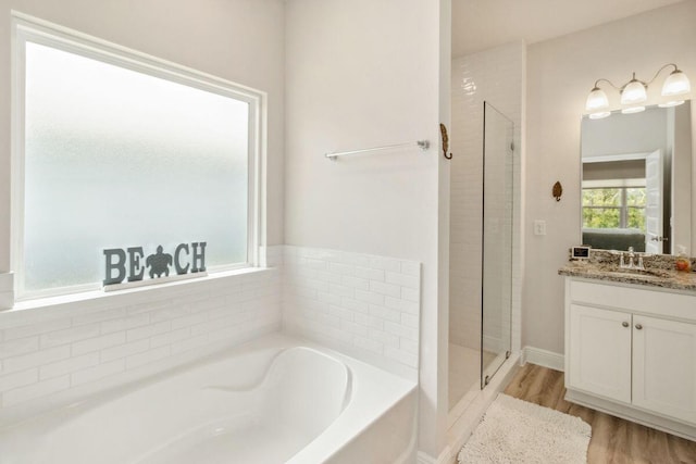 718 Backwater Rd, Port St Joe, FL 32456 - full bathroom with a garden tub, vanity, a stall shower, and wood finished floors