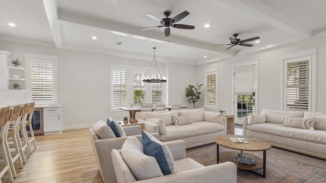 51 W Okeechobee, Santa Rosa Beach, FL 32459 - living room with light wood-style flooring, beam ceiling, a ceiling fan, plenty of natural light, and recessed lighting