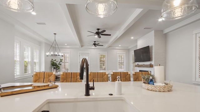 51 W Okeechobee, Santa Rosa Beach, FL 32459 - detailed view of a fireplace, a sink, recessed lighting, and a ceiling fan