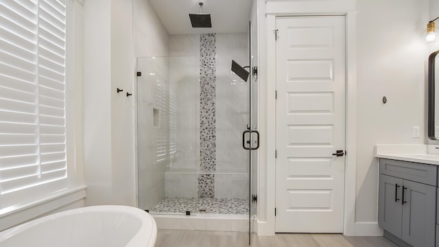 51 W Okeechobee, Santa Rosa Beach, FL 32459 - full bathroom with a stall shower, a freestanding bath, and vanity