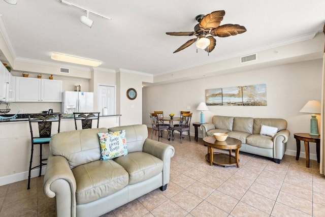 16819 Front Beach Rd Unit 1514, Panama City Beach, FL 32413 - living room with crown molding, ceiling fan, light tile patterned flooring, and baseboards