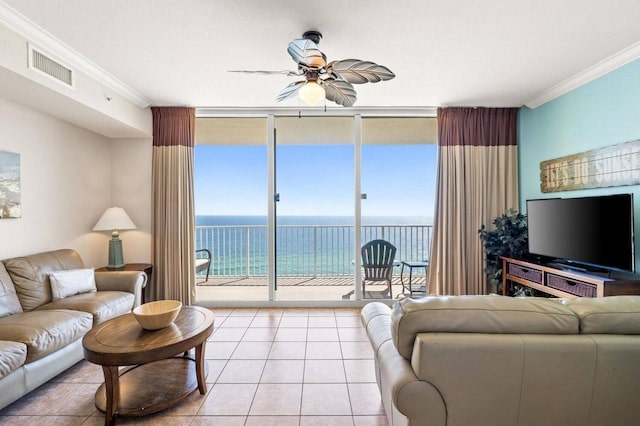 16819 Front Beach Rd Unit 1514, Panama City Beach, FL 32413 - living room with a wall of windows, ceiling fan, ornamental molding, and light tile patterned flooring