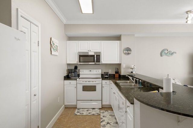 16819 Front Beach Rd Unit 2116, Panama City Beach, FL 32413 - kitchen featuring white appliances, ornamental molding, a sink, white cabinets, and baseboards
