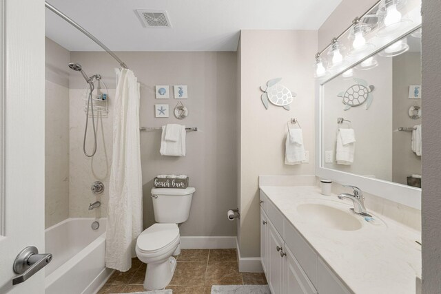 16819 Front Beach Rd Unit 2116, Panama City Beach, FL 32413 - bathroom with toilet, vanity, shower / bath combo with shower curtain, tile patterned flooring, and baseboards