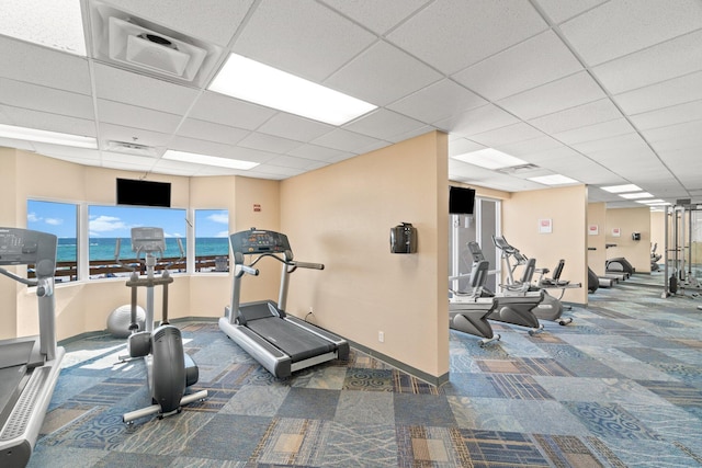 16819 Front Beach Rd Unit 2116, Panama City Beach, FL 32413 - gym featuring carpet flooring, baseboards, and a drop ceiling